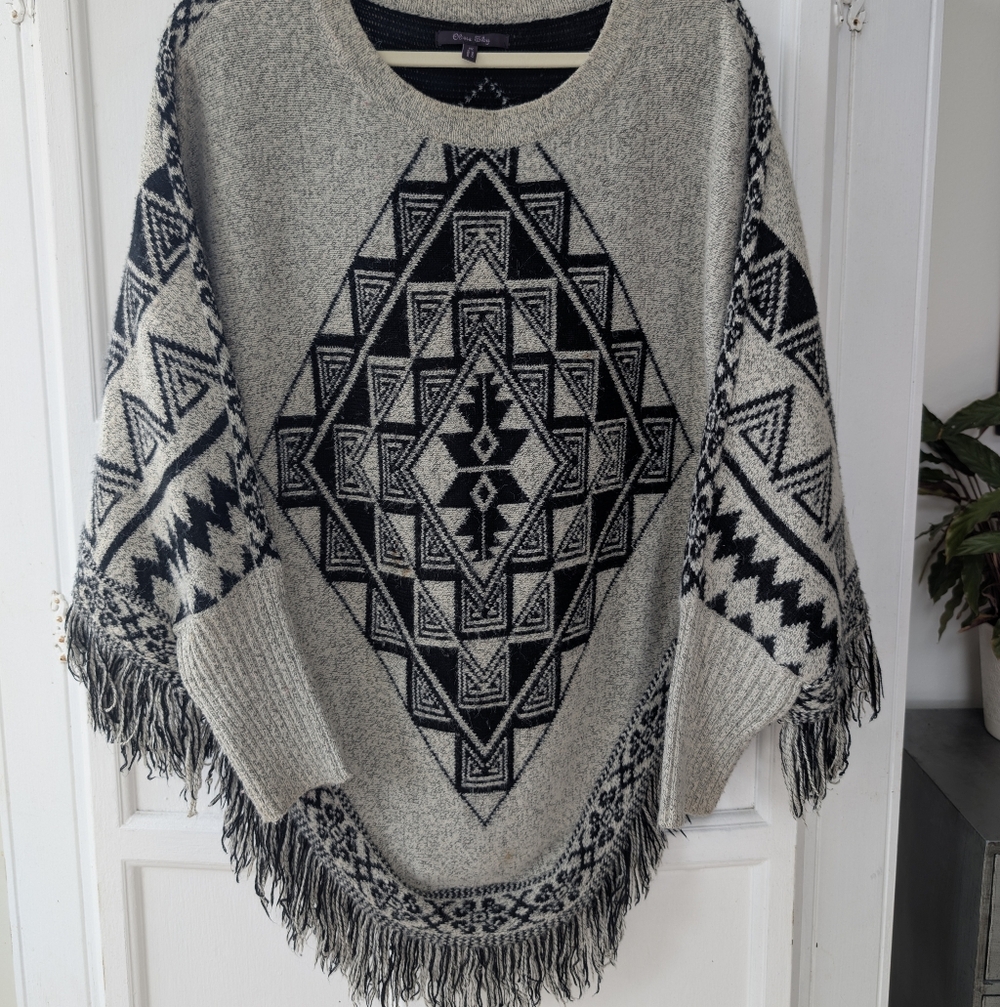 Olivia Sky Tribal Native Sweater Shawl Poncho With Fringe